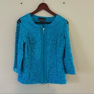 FRANK LYMAN Design Textured Sheen Electric Blue Zip Up Jacket Top Size 10
